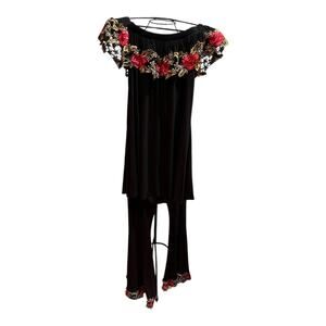 Y2K 90s Black & Red Rose Lace Slinky Off Shoulder Top & Pants Whimsigoth Size M